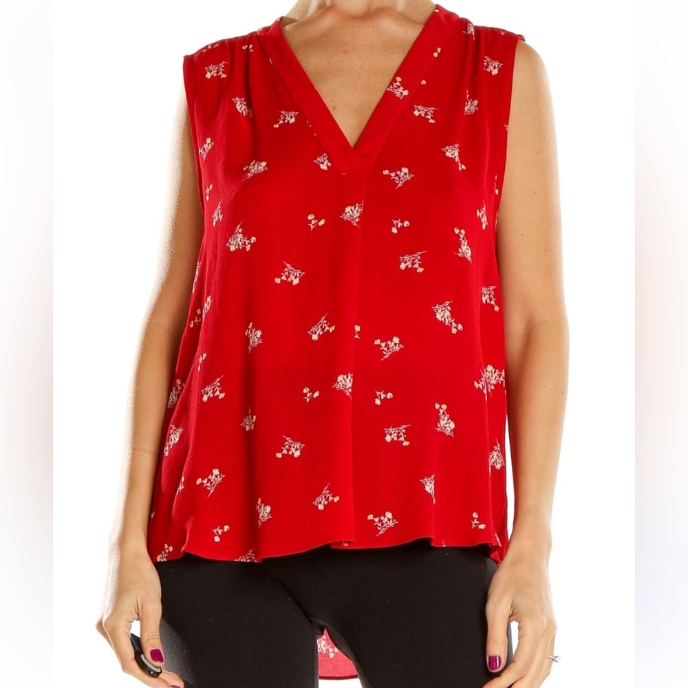 Vince Camuto Desert Bouquet Sleeveless Blouse V-Neck Women’s Large Red Chiffon